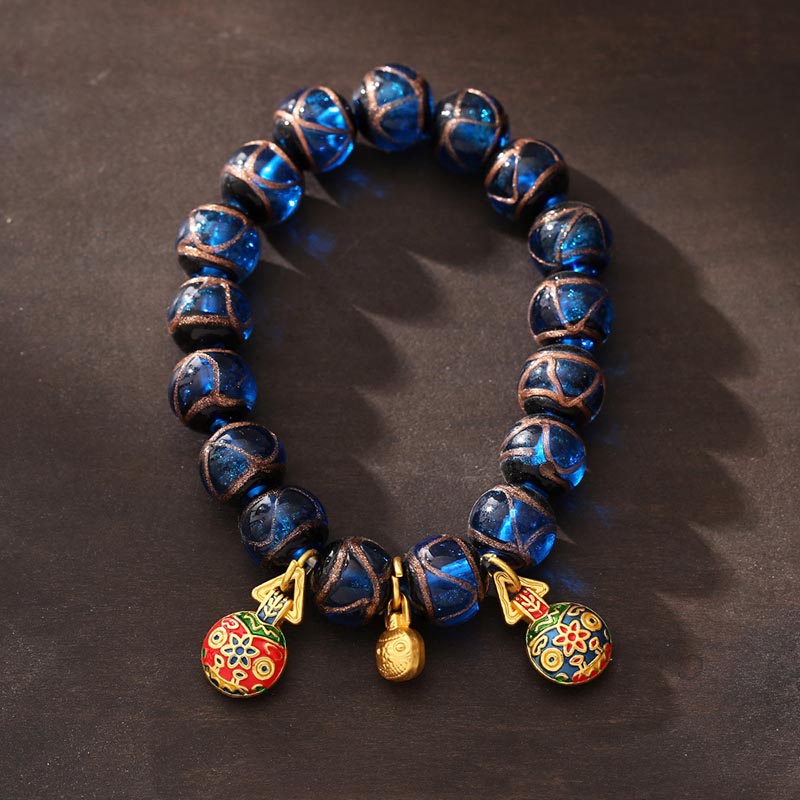 BWOOOH Gold Swallowing Beast Luck Charm Blue Liuli Glass Bead Fortune Bracelet