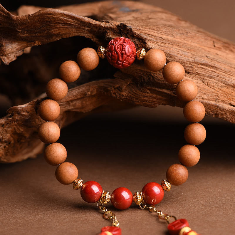 BWOOOH Tibetan Natural Peach Wood Cinnabar PiXiu Wealth Tassels Bracelet