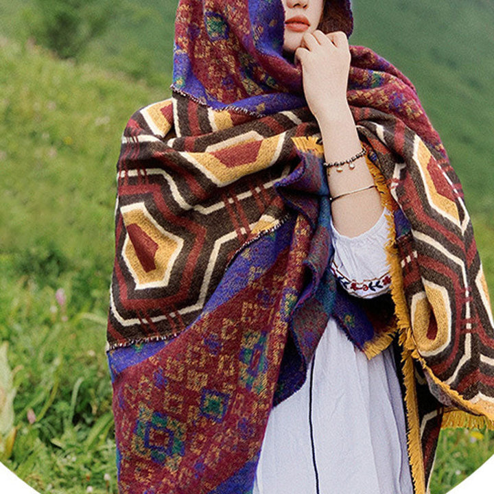 BWOOOH Tibetan Shawl Brown Blue Red Geometric Shapes Patt