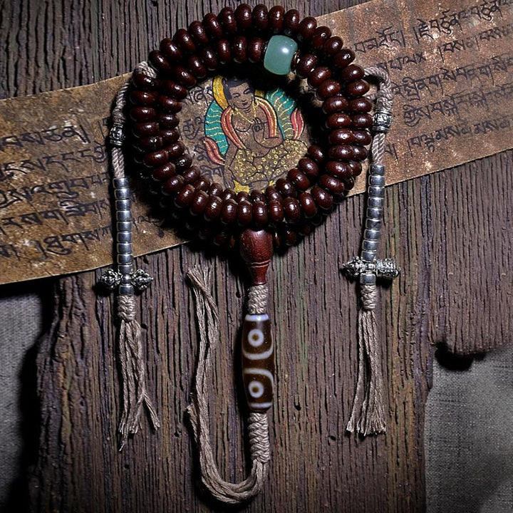 BWOOOH Natural Tibet 108 Mala Beads Purple Bodhi Seed Three-eyed Dzi Bead Copper Dorje Harmony Bracelet