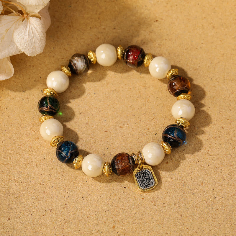BWOOOH Tibetan Zakiram Goddess of Wealth Charm Liuli Glass Incense Ash Porcelain Bead Protection Bracelet