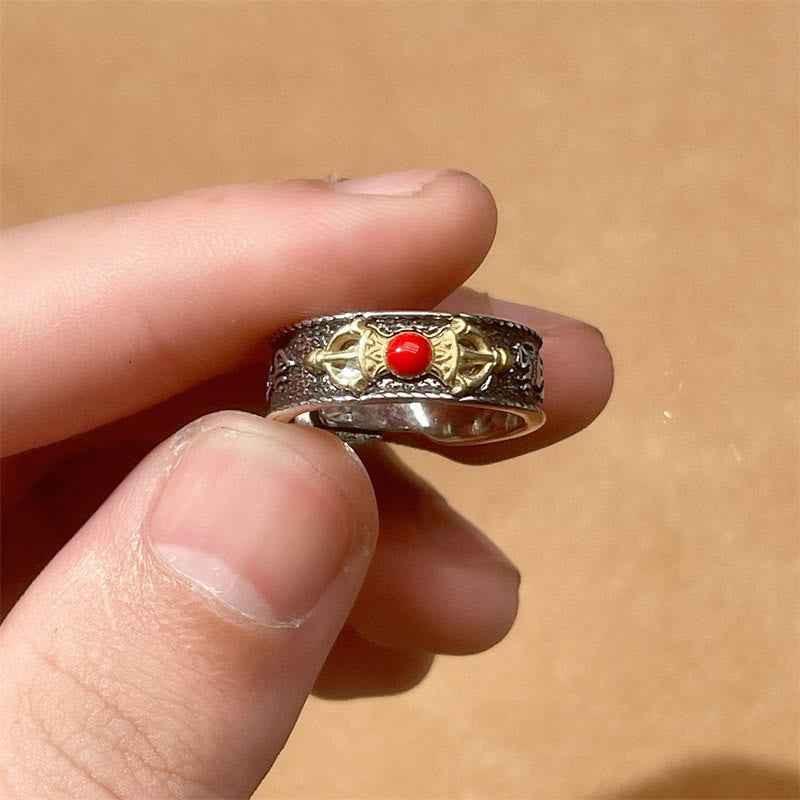 BWOOOH Tibetan Om Mani Padme Hum Red Agate Dorje Vajra Design Wisdom Ring