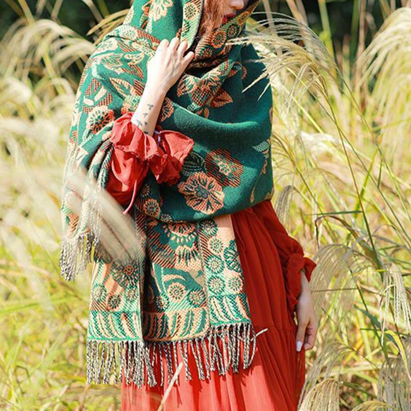 BWOOOH Tibetan Flower Floral Leaves Pattern Design Shawl 