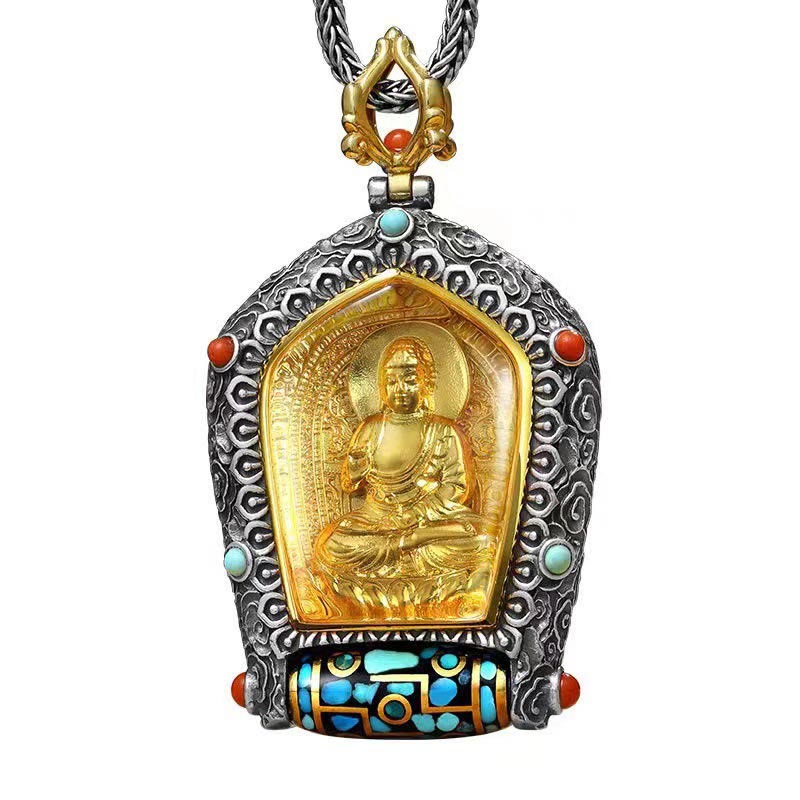 BWOOOH Tibet Chinese Zodiac Natal Buddha Thangka Prosperity Rotatable Dzi Bead Necklace Pendant