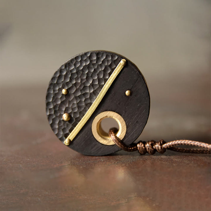 BWOOOH Handcrafted Round Ebony Wood Brass Copper Peace Necklace Pendant