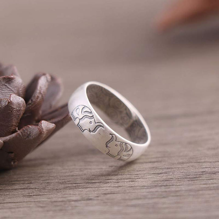 BWOOOH 999 Sterling Silver Lotus Elephant Six True Words Blessing Ring