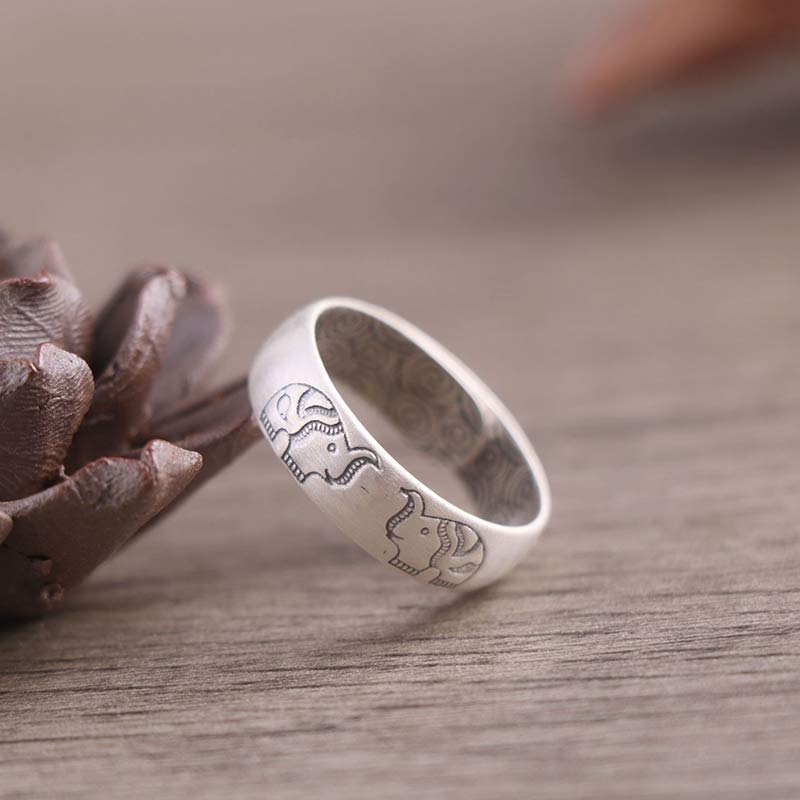 BWOOOH 999 Sterling Silver Lotus Elephant Six True Words Blessing Ring