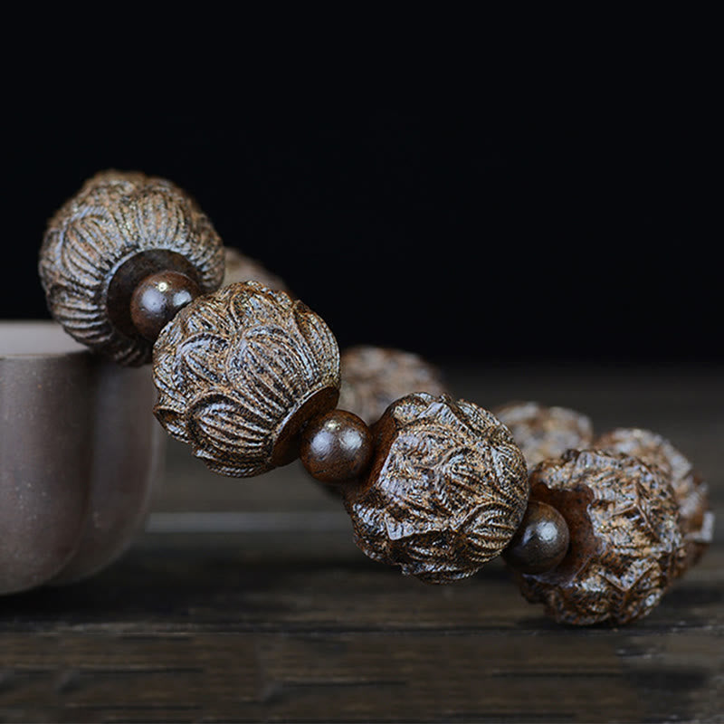 BWOOOH Ebony Wood Eighteen Arhats Lotus Dragon Engraved Balance Bracelet | spiritual healing bracelet