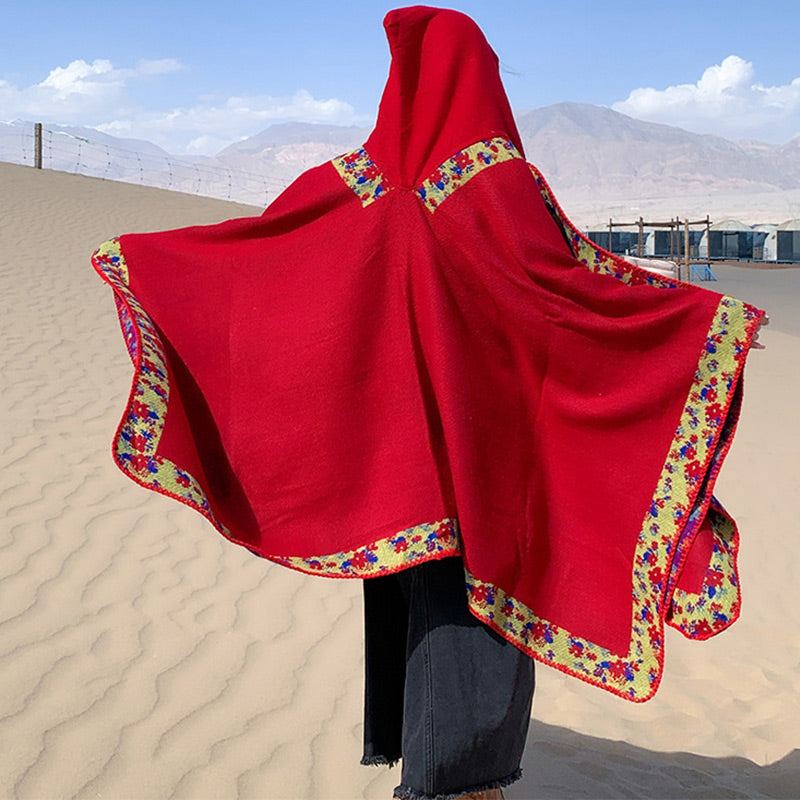 BWOOOH Tibetan Shawl Border Small Floral Flower Hooded Cl