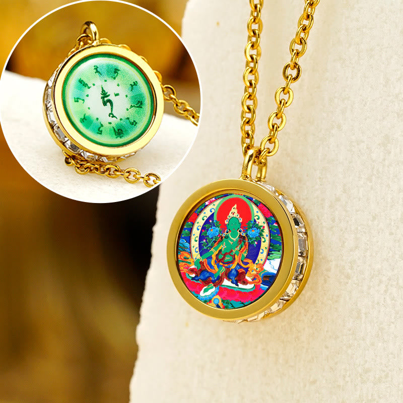 BWOOOH Tibetan Yellow God Of Wealth Green Tara Buddha Serenity Titanium Steel Necklace Pendant