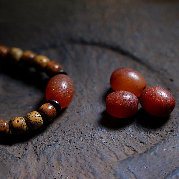 BWOOOH Tibetan Bodhi Seed Amber Dzi Bead Agate Zakiram Goddess of Wealth Beads Triple Wrap Bracelet
