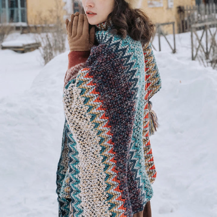 BWOOOH Tibetan Shawl Blue Beige Red Wavy Pattern Winter W