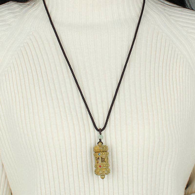 BWOOOH Tibet Green Sandalwood Rosewood Om Mani Padme Hum Lotus Positive Soothing Necklace Pendant