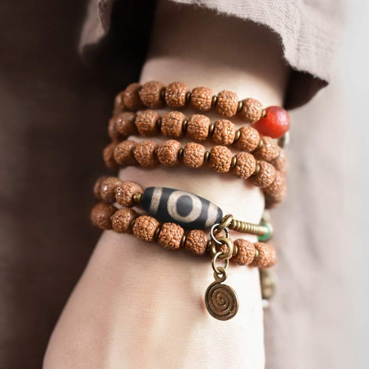 BWOOOH 108 Mala Rudraksha Beads Bodhi Seed Dzi Bead Luck Auspiciousness Tassel Bracelet