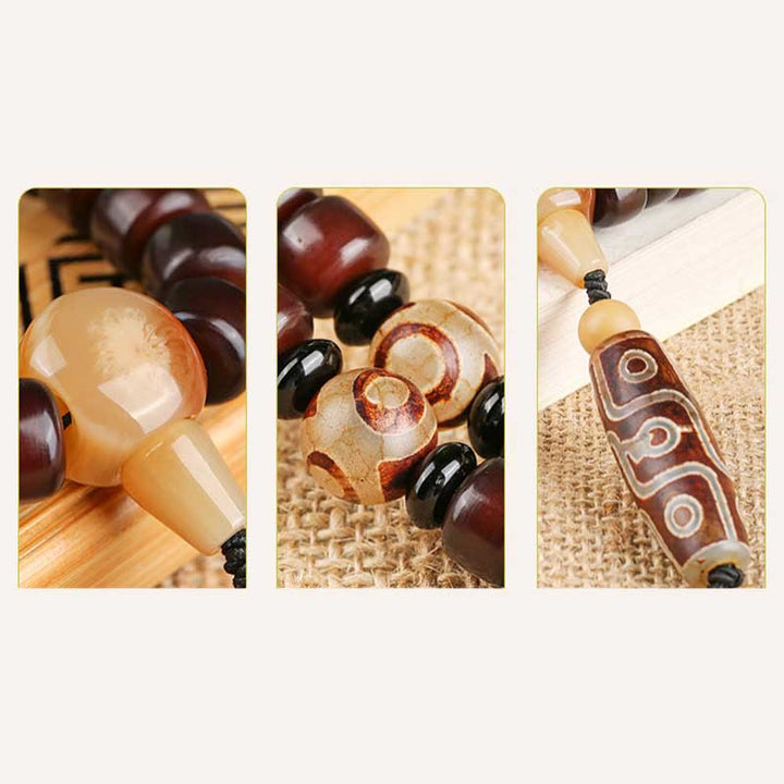 BWOOOH 108 Mala Beads Three-eyed Dzi Bead Nine-eye Dzi Bead Jade Luck Bracelet