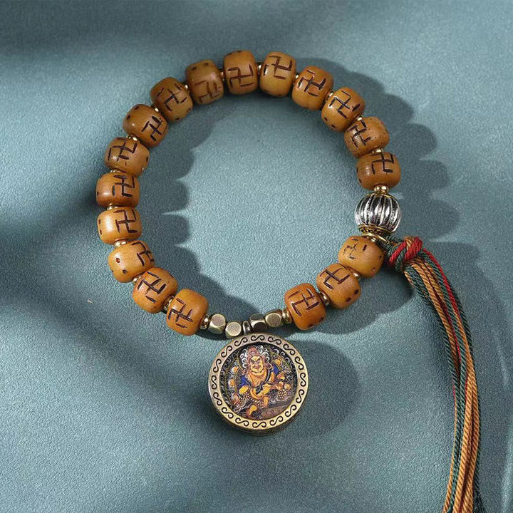 BWOOOH Natural Tibetan Camel Bone Swastika Dzi Bead Shankha Buddha Charm Kirtimukha Luck Protection Tassel Bracelet
