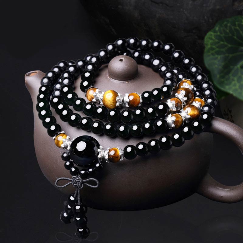 BWOOOH 108 Beads Natural Black Obsidian Tiger Eye Red Agate Mala Bracelet