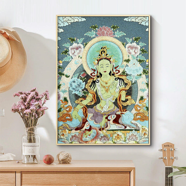 BWOOOH Tibetan Embroidery White Tara Thangka Tapestry Wall Hanging Wall Art Meditation  | spiritual healing bracelet
