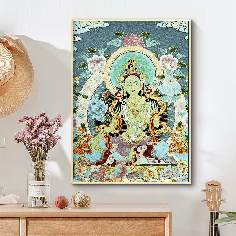 BWOOOH Tibetan Embroidery White Tara Thangka Tapestry Wall Hanging Wall Art Meditation  | spiritual healing bracelet