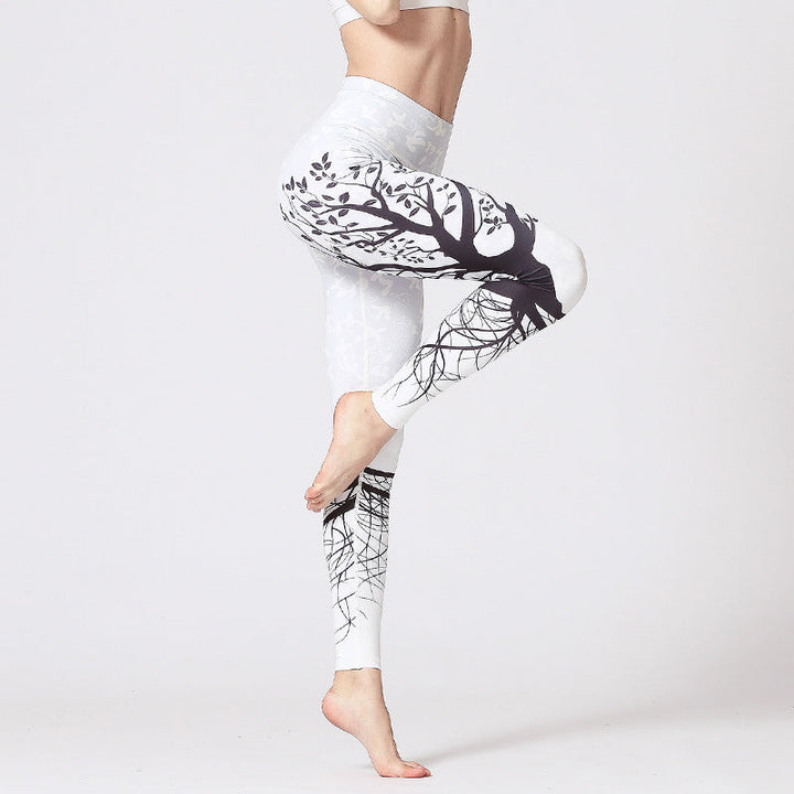 BWOOOH lotus print yoga leggings - Lines Weeds Sakura Flowers Black Tree Pr