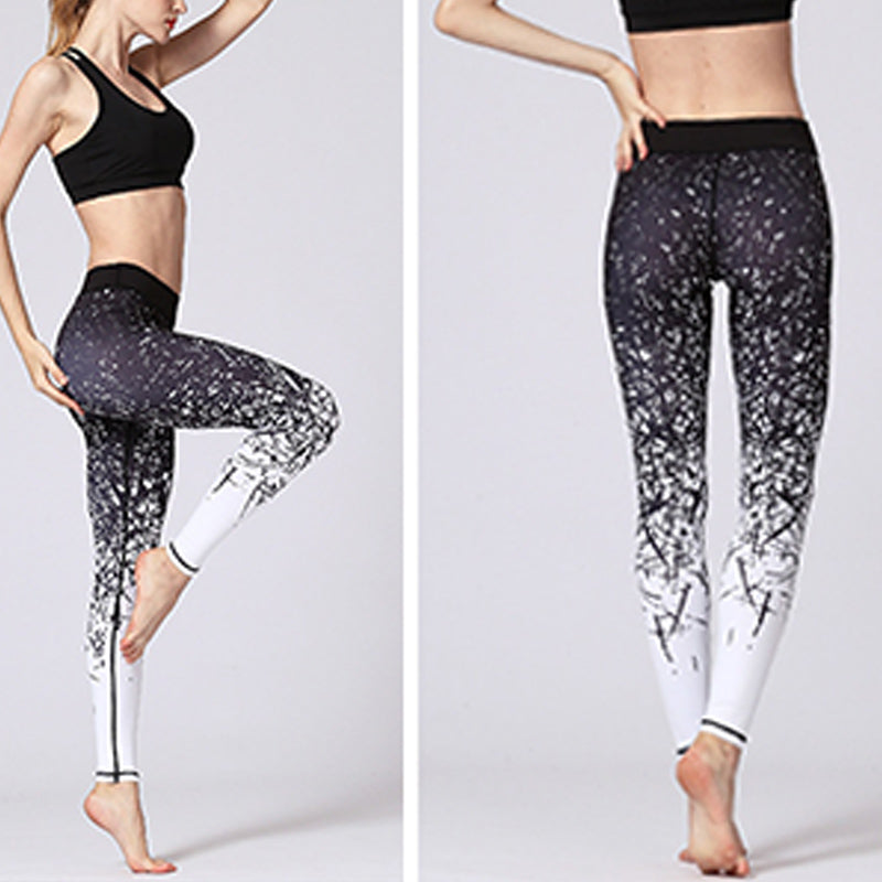BWOOOH lotus print yoga leggings - Lines Weeds Sakura Flowers Black Tree Pr
