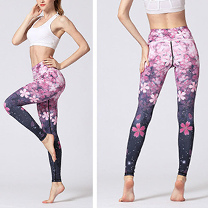 BWOOOH lotus print yoga leggings - Lines Weeds Sakura Flowers Black Tree Pr
