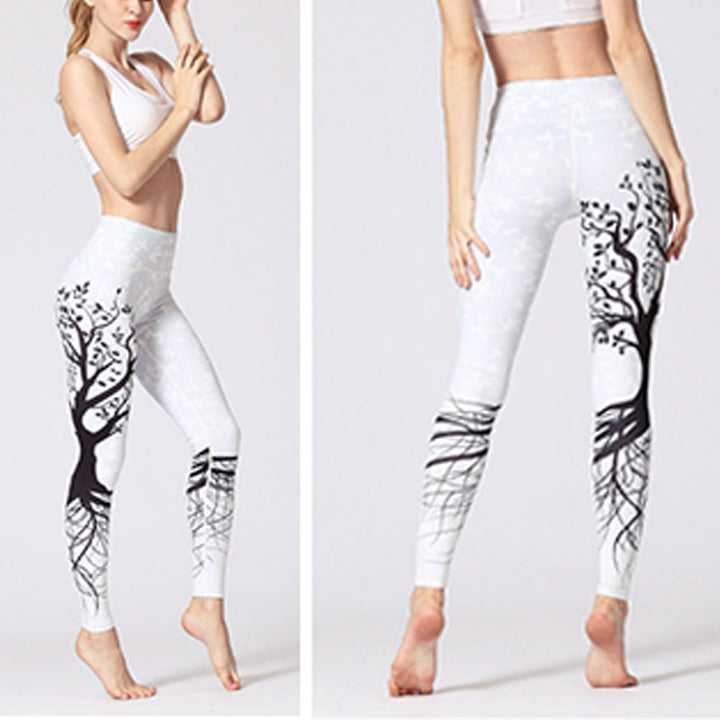 BWOOOH lotus print yoga leggings - Lines Weeds Sakura Flowers Black Tree Pr