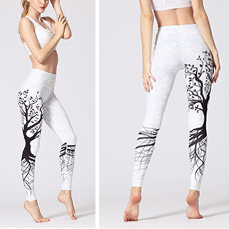 BWOOOH lotus print yoga leggings - Lines Weeds Sakura Flowers Black Tree Pr