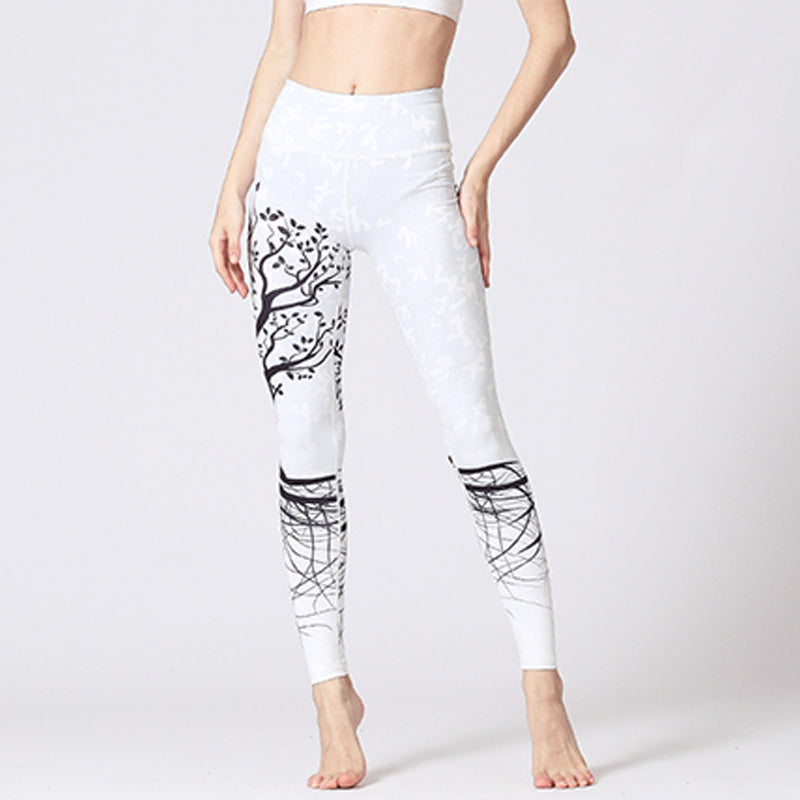 BWOOOH lotus print yoga leggings - Lines Weeds Sakura Flowers Black Tree Pr