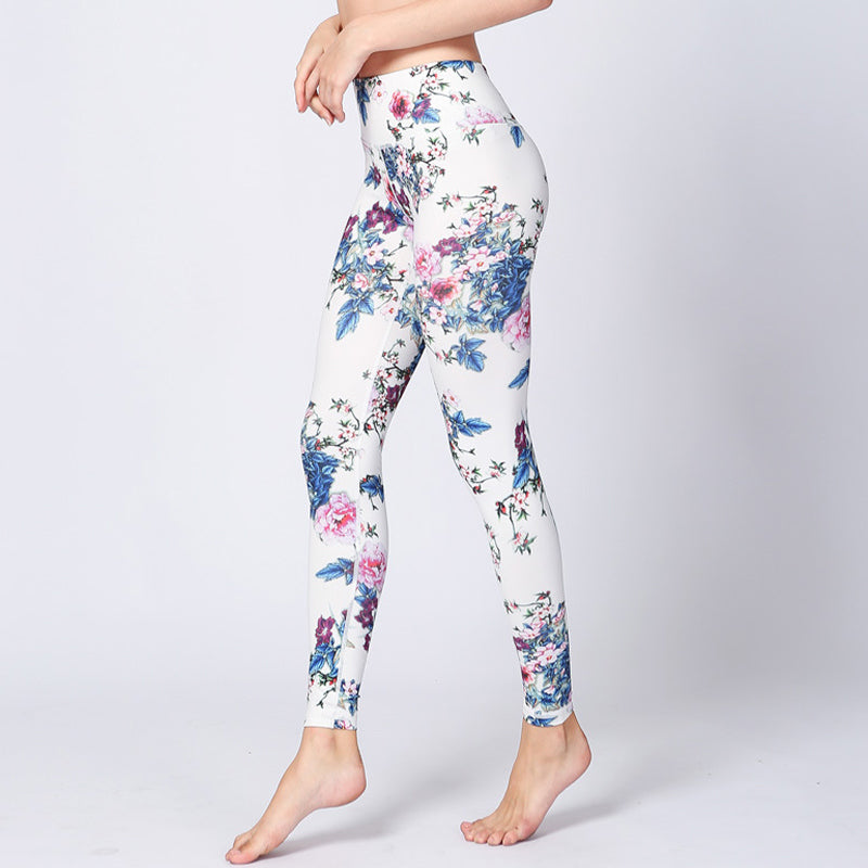 BWOOOH printed yoga leggings - Pink Flower White Colorful Ink White Pri