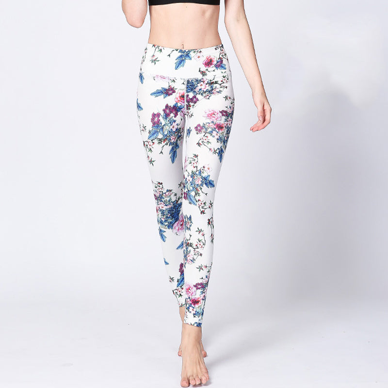 BWOOOH printed yoga leggings - Pink Flower White Colorful Ink White Pri
