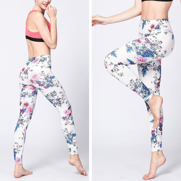 BWOOOH printed yoga leggings - Pink Flower White Colorful Ink White Pri