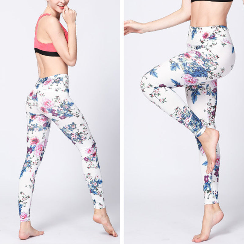 BWOOOH printed yoga leggings - Pink Flower White Colorful Ink White Pri