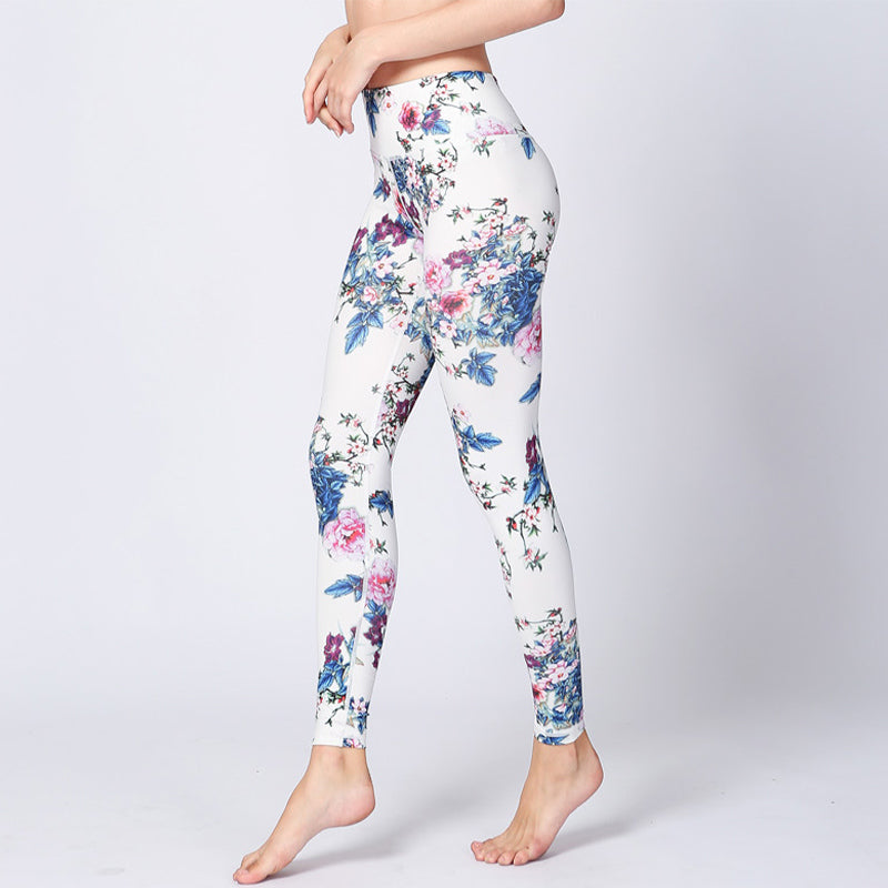 BWOOOH printed yoga leggings - Pink Flower White Colorful Ink White Pri