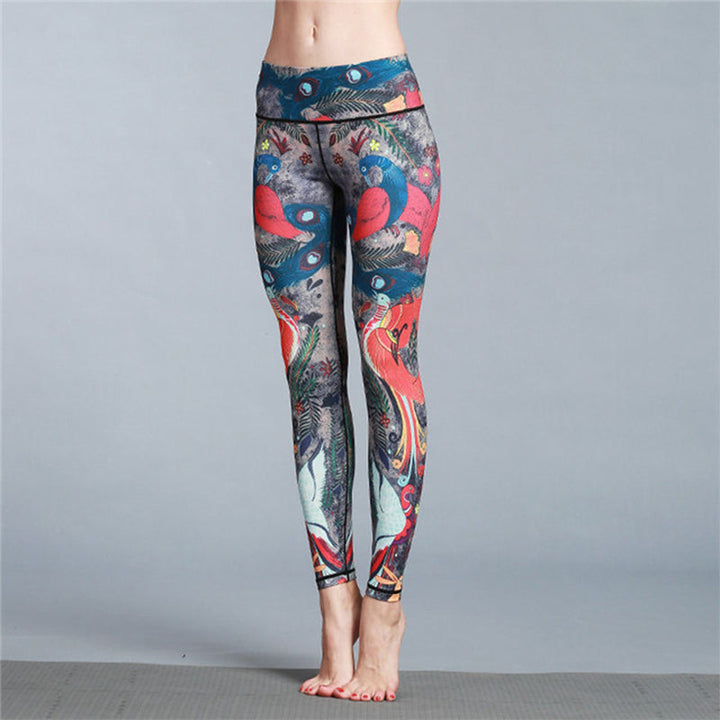 BWOOOH peacock print yoga leggings - Red Blue Peacock Feather Print Pants Spo