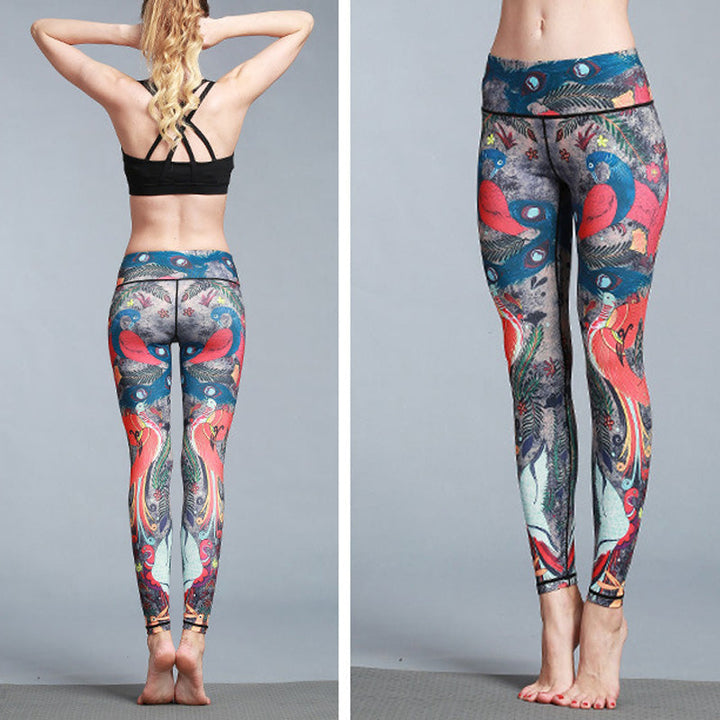 BWOOOH peacock print yoga leggings - Red Blue Peacock Feather Print Pants Spo