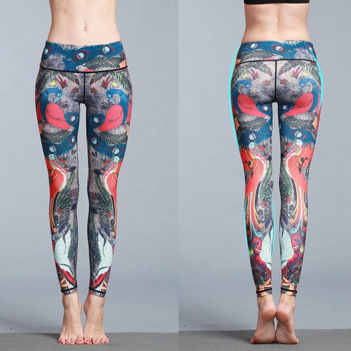 BWOOOH peacock print yoga leggings - Red Blue Peacock Feather Print Pants Spo