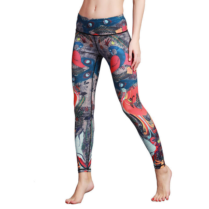 BWOOOH peacock print yoga leggings - Red Blue Peacock Feather Print Pants Spo