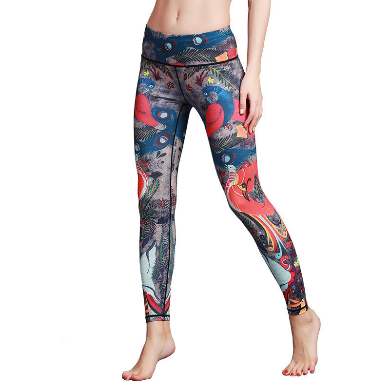 BWOOOH peacock print yoga leggings - Red Blue Peacock Feather Print Pants Spo