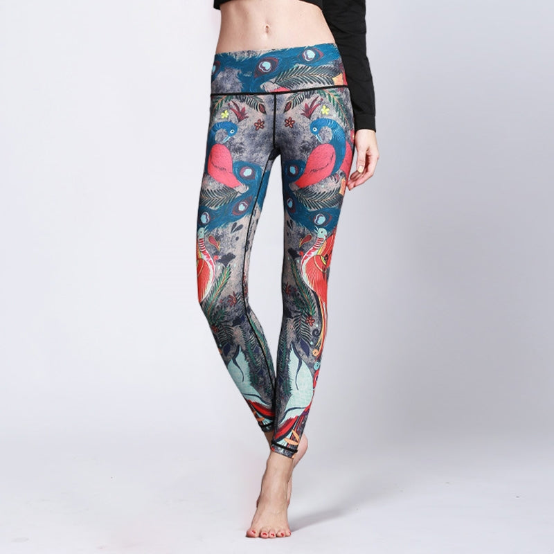 BWOOOH peacock print yoga leggings - Red Blue Peacock Feather Print Pants Spo