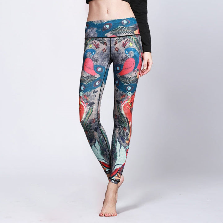 BWOOOH peacock print yoga leggings - Red Blue Peacock Feather Print Pants Spo
