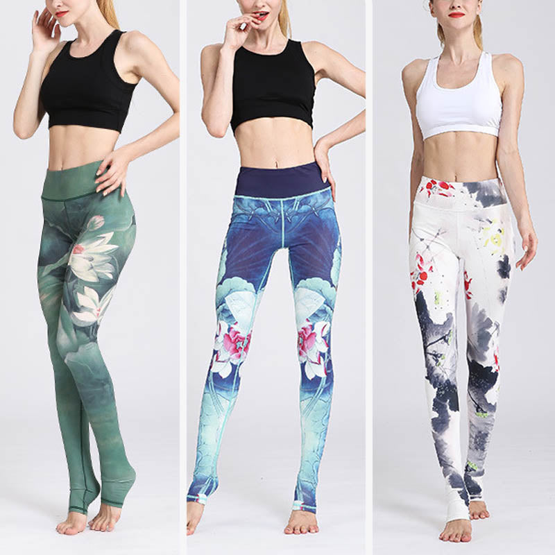 BWOOOH lotus print yoga leggings - Lotus Flower Print Design Pants Sports F