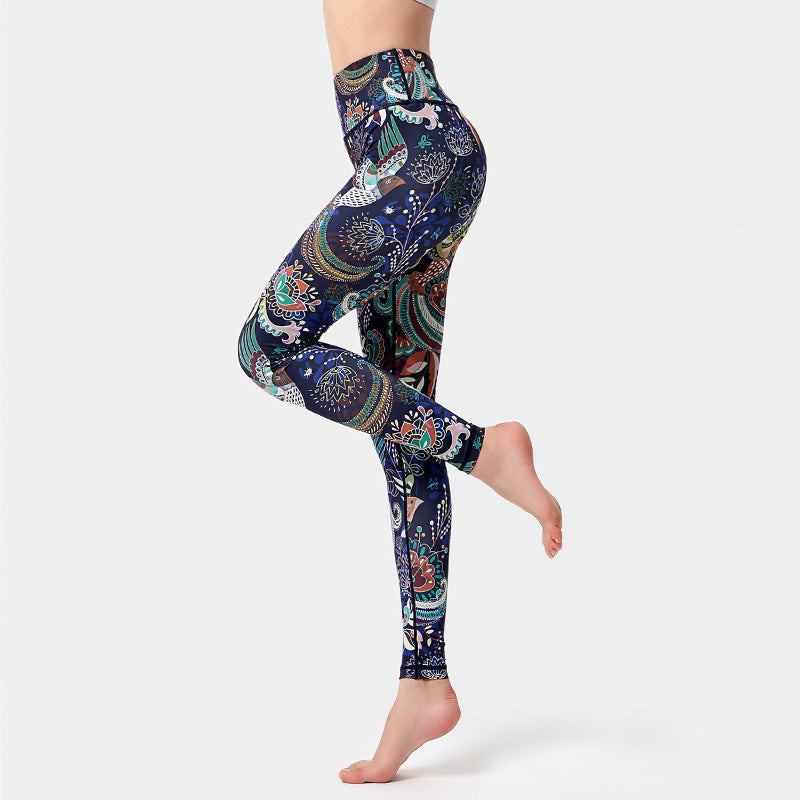 BWOOOH lotus print yoga leggings - Flowers Leaves Birds Print Pants Sports 