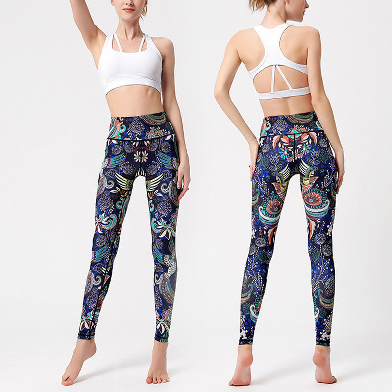 BWOOOH lotus print yoga leggings - Flowers Leaves Birds Print Pants Sports 