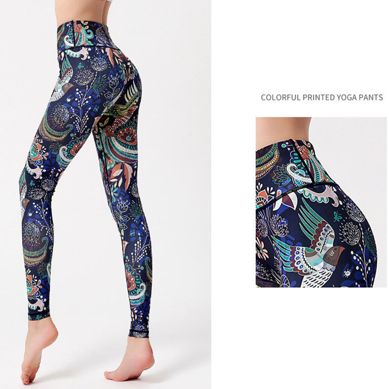 BWOOOH lotus print yoga leggings - Flowers Leaves Birds Print Pants Sports 