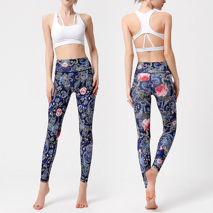 BWOOOH lotus print yoga leggings - Flowers Leaves Birds Print Pants Sports 