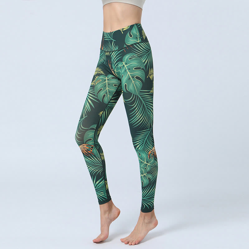 BWOOOH printed yoga leggings - Leaves Print Sports Fitness Yoga High Wa