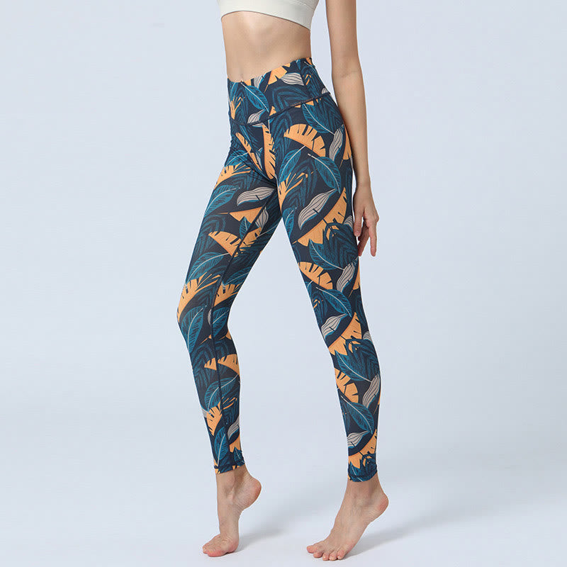 BWOOOH printed yoga leggings - Leaves Print Sports Fitness Yoga High Wa