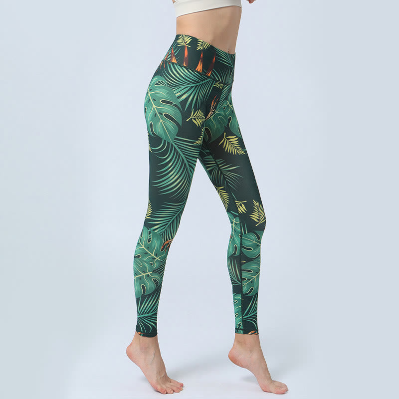 BWOOOH printed yoga leggings - Leaves Print Sports Fitness Yoga High Wa