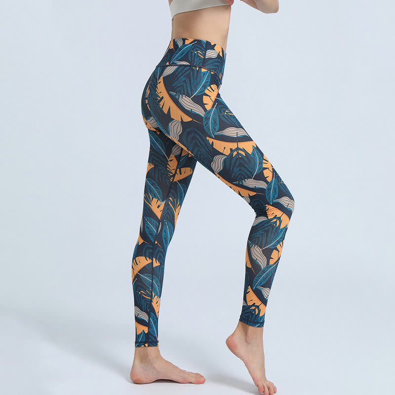 BWOOOH printed yoga leggings - Leaves Print Sports Fitness Yoga High Wa